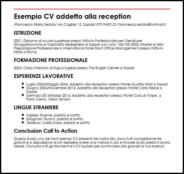 Esempio Cv Addetto Alla Reception Ilcvperfetto