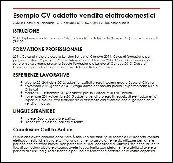 Esempio Di Curriculum Vitae Di Commesso Elettrodomestici Ilcvperfetto