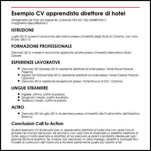 Esempio Cv Apprendista Direttore Di Hotel Ilcvperfetto