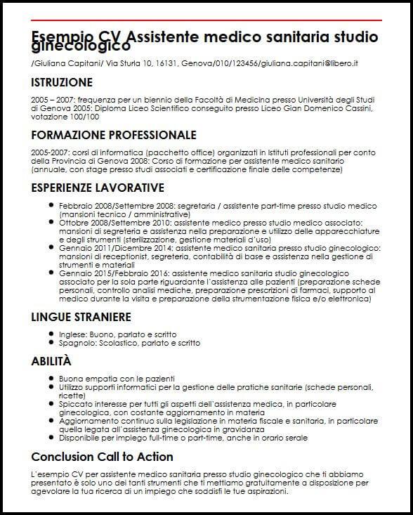 Esempio Cv Assistente Medico Sanitaria Studio Ginecologico