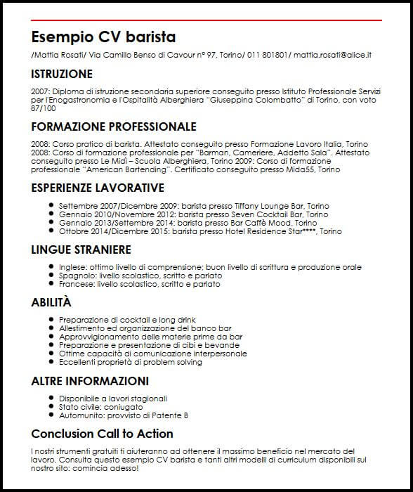 Esempio Cv Barista Ilcvperfetto