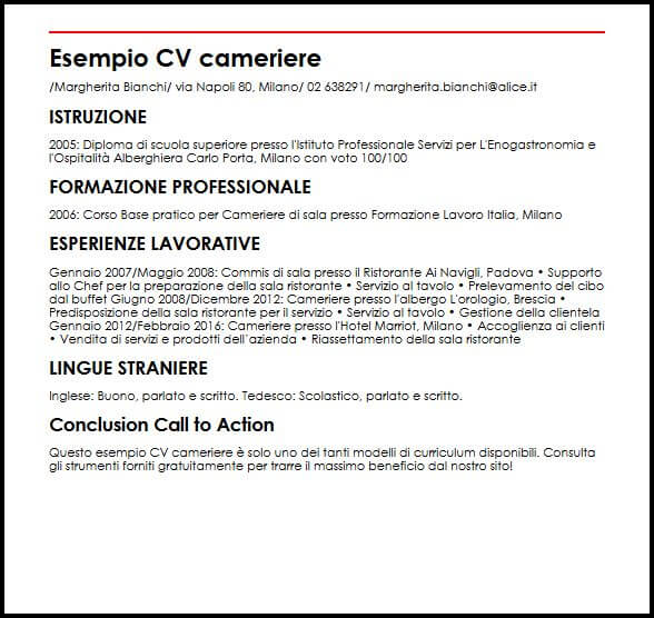 Modello Curriculum Vitae Cameriere Esempio Cv Cameriere Livecareer