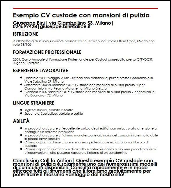 Esempio Cv Custode Con Mansioni Di Pulizia Ilcvperfetto