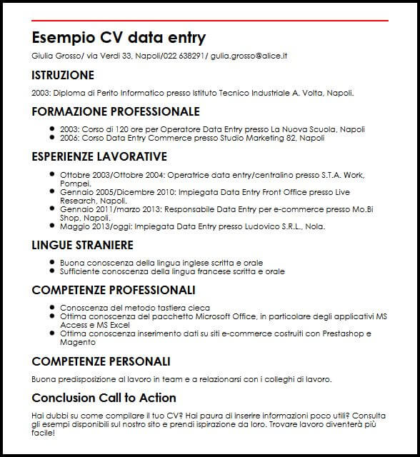 Esempio Cv Data Entry Ilcvperfetto