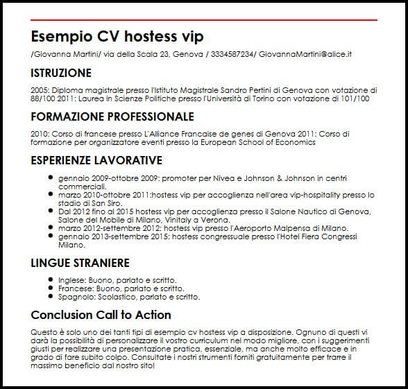 Esempio Cv Hostess Vip Ilcvperfetto