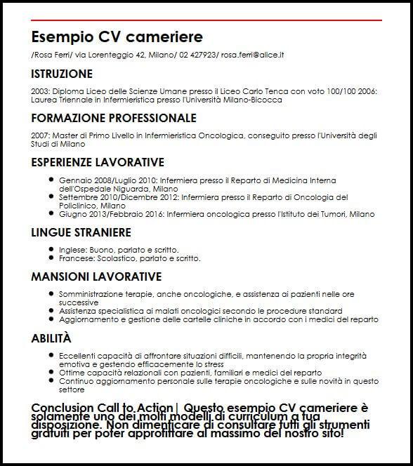 Modello Curriculum Vitae Cameriere Esempio Cv Cameriere Livecareer