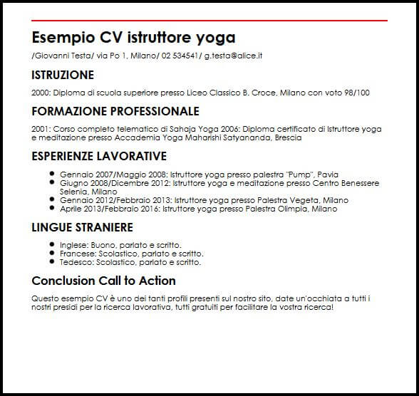Esempio Cv Istruttore Yoga Ilcvperfetto