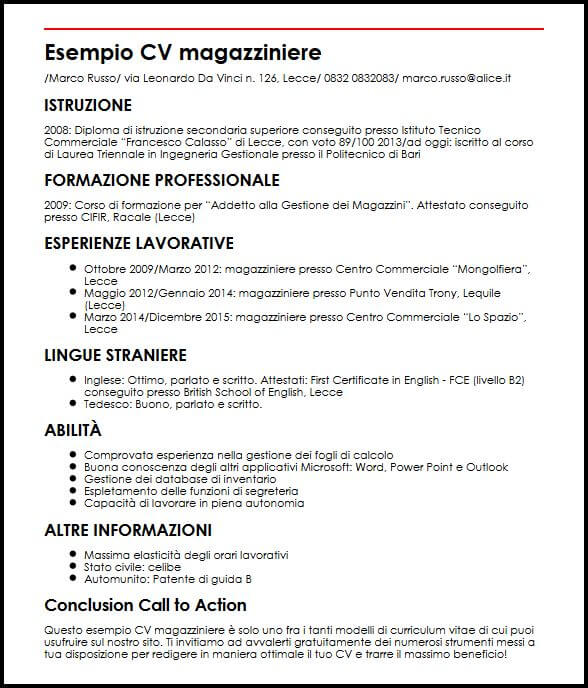 Esempi Di Cv Per Essere Assunto Magazziniere Ilcvperfetto