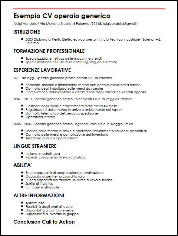 Esempio Di Curriculum Vitae Di Operaio Ilcvperfetto