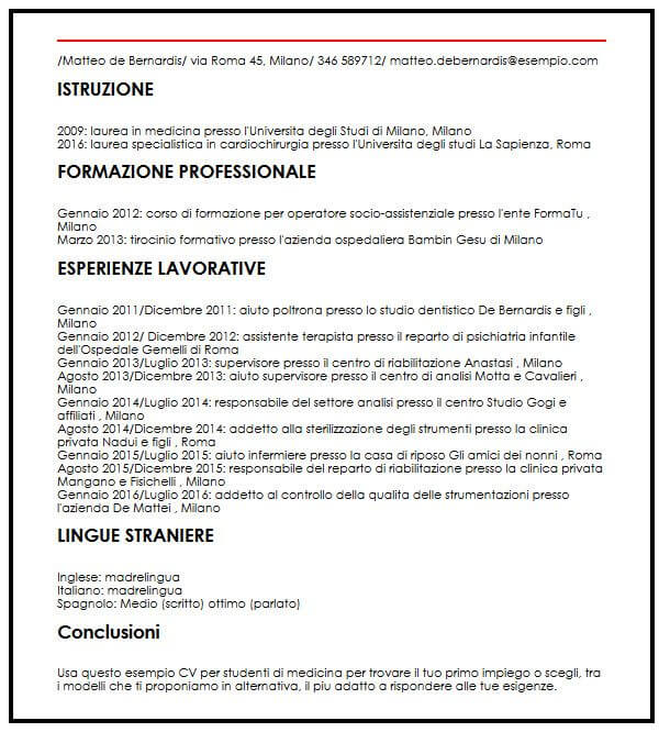 Esempio Cv Per Studenti Di Medicina Ilcvperfetto