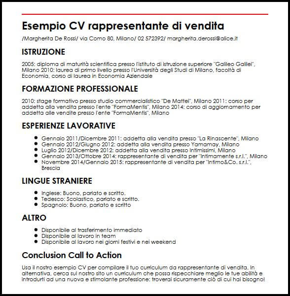 Esempio Cv Rappresentante Di Vendita Ilcvperfetto