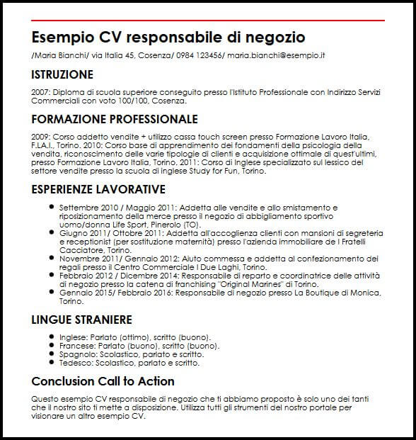 Esempio Cv Responsabile Di Negozio Ilcvperfetto