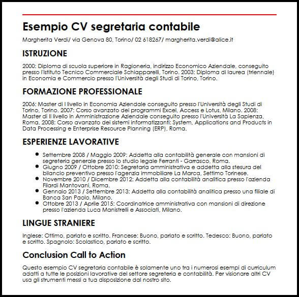 Esempio Cv Segretaria Contabile Ilcvperfetto