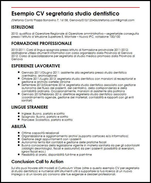 Esempio Cv Segretaria Studio Dentistico Ilcvperfetto