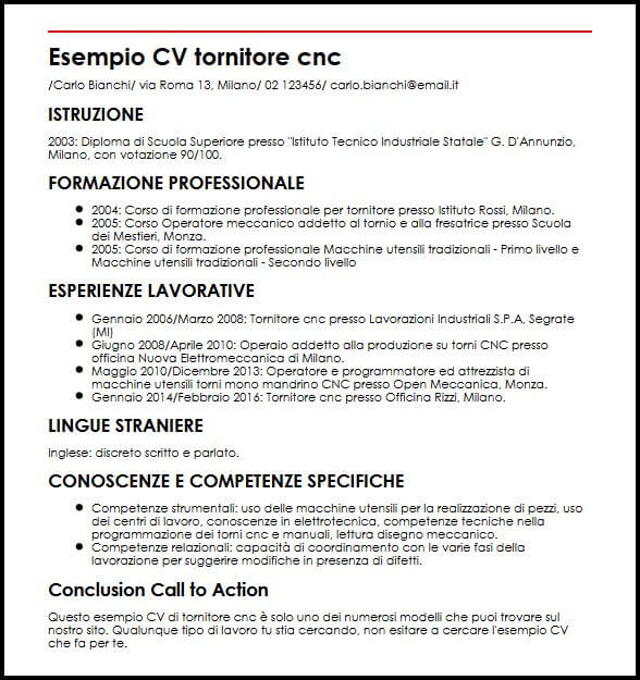 Esempio Cv Tornitore Cnc Ilcvperfetto