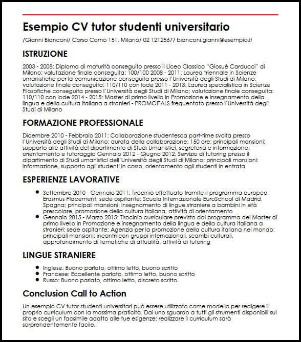 Esempio Cv Tutor Studenti Universitari Ilcvperfetto