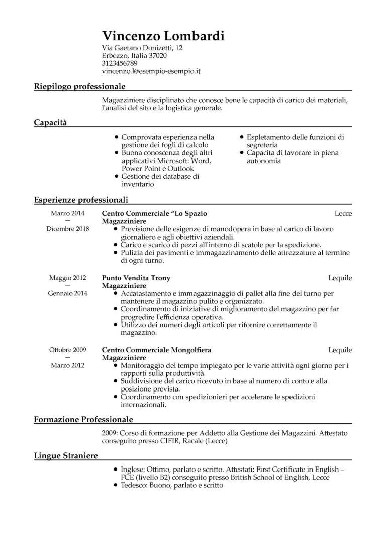 Esempio Di Curriculum Vitae Professionale Il Cv Perfetto